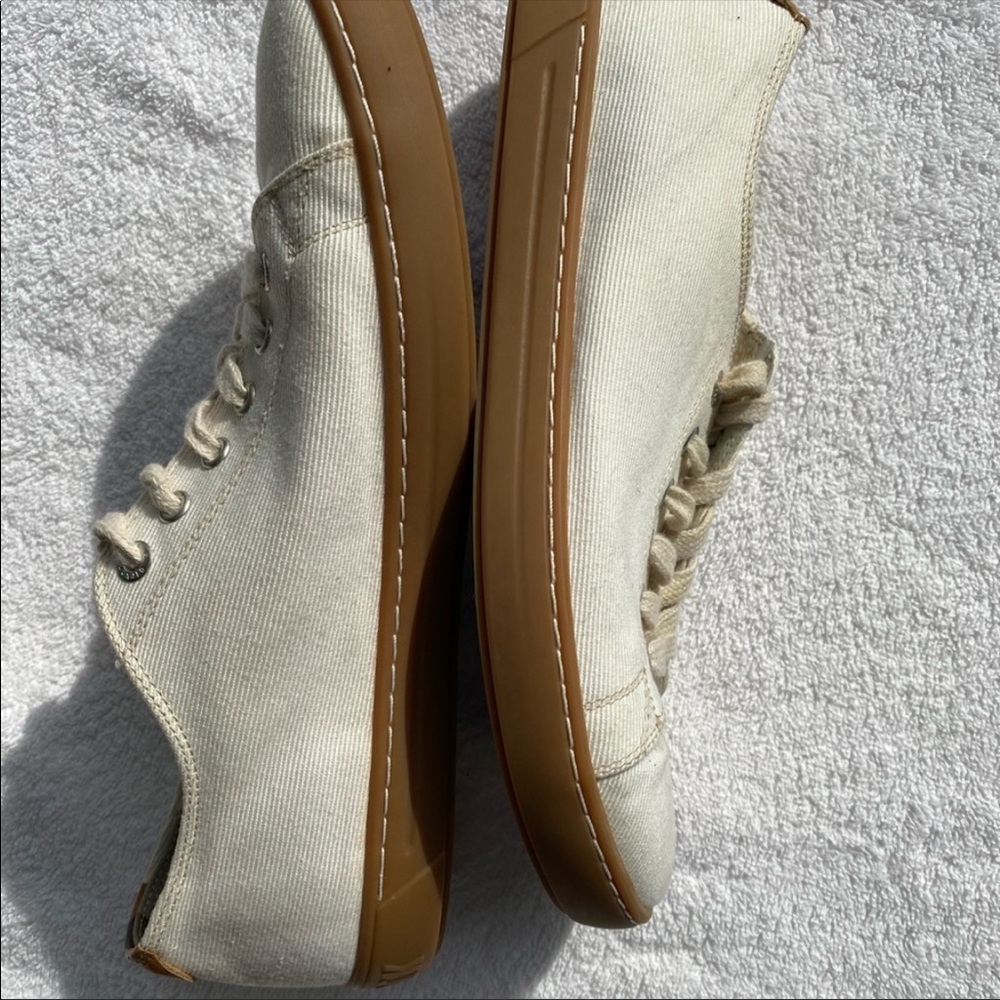 size 40 Birkenstock ivory lace up twill canvas sneakers with cognac leather trim